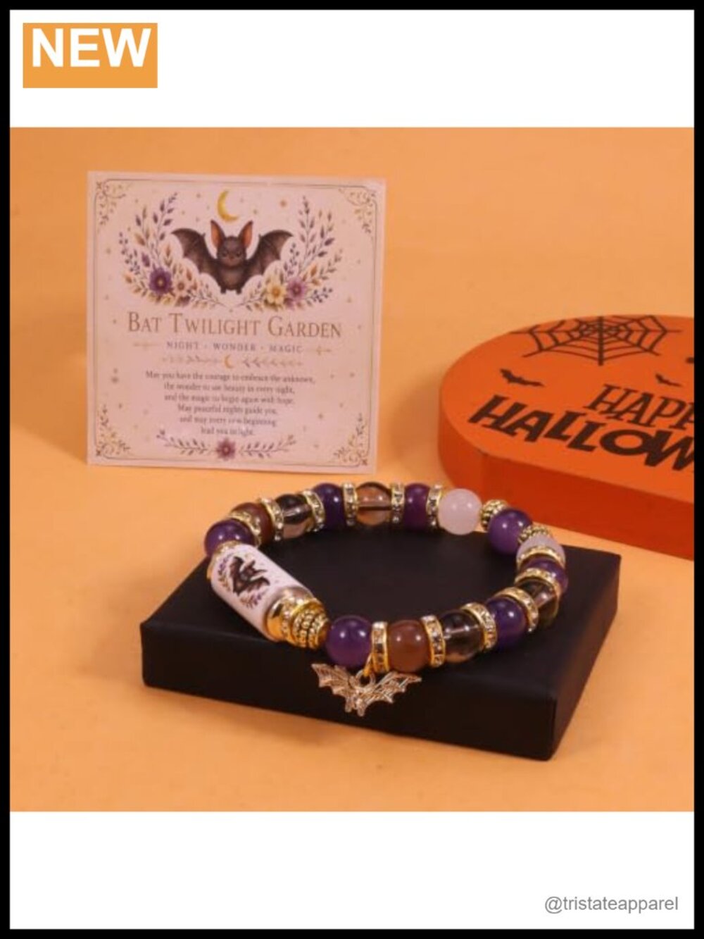 Halloween Beaded Stretch Bracelet Acrylic Charm Bat Ghost Spider - Picture 6 of 6